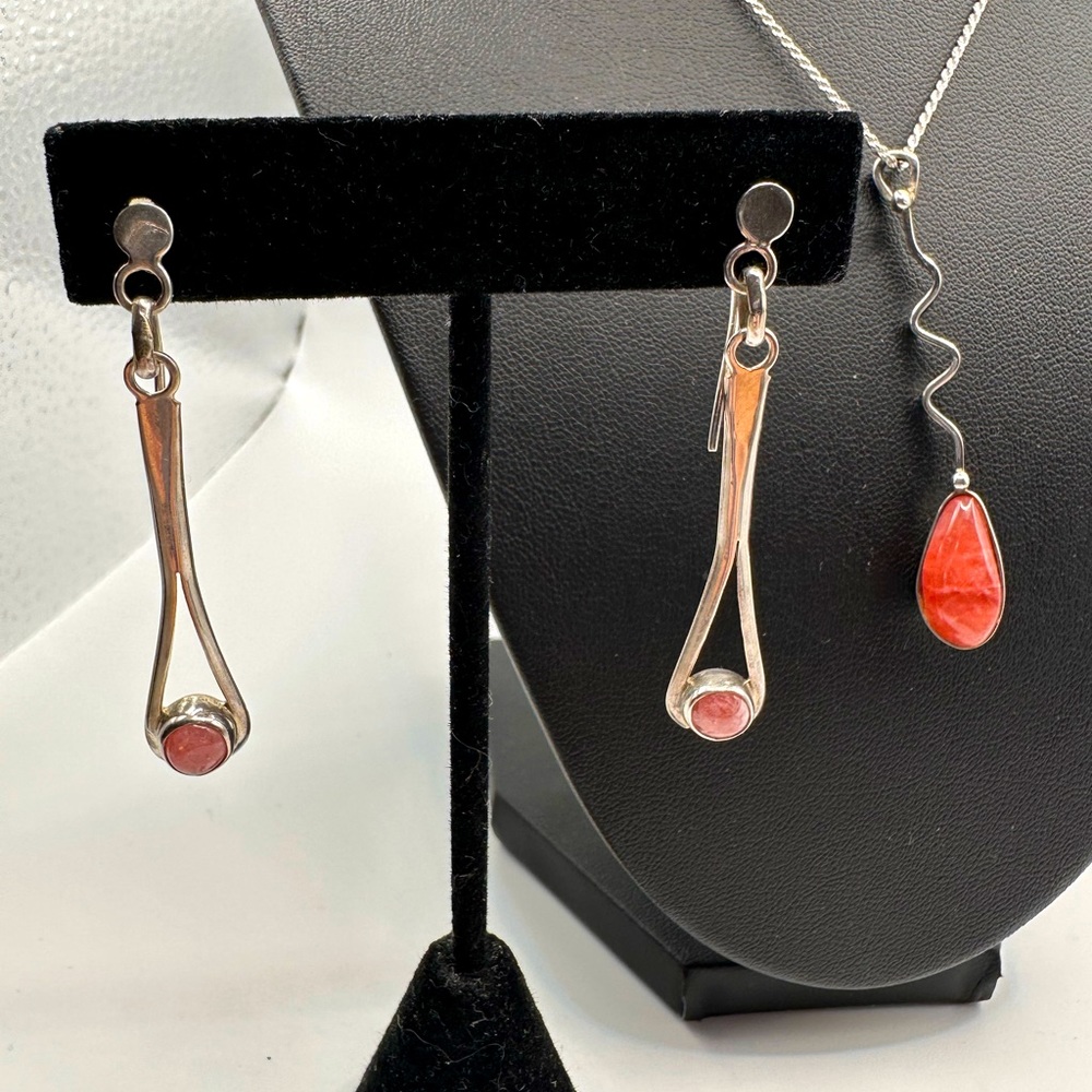Stunning 925 Silver Earrings&Pendant&Necklace Set Argentine Rhodochrosite Stones - Picture 2 of 10